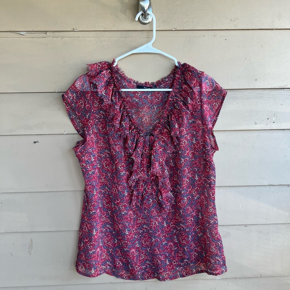 ANA Womens Sleeveless Semi-Sheer Pleated Ruffle Tank Top Blouse Size Large